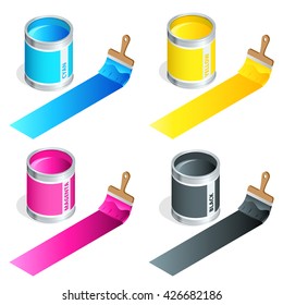 Bottles of ink in cmyk colors and paint brush on white isolated background. 3d vector isometric illustration
