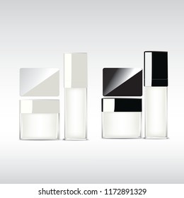 Bottles and jar for cream or gel. Packaging for tooth paste, cosmetics. Product package template.