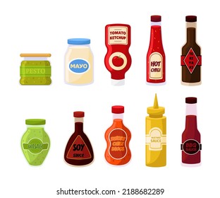 Bottles and jars of different sauces vector illustrations set. Cartoon drawings of sauce, spice or dressing packaging with labels, ketchup, mayonnaise, teriyaki, BBQ sauce. Food, condiments concept