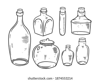 Bottles and jars doodle set. Engraving style. Black and white colors. Hand drawing vector illustration.