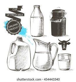 bottles and jars gallon with fresh milk products can container for milk isolated on white background