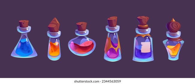 Bottles and jars with magic potions, elixirs and poisons. Fantasy set of alchemist, apothecary lab and witch with glass vials and flasks with wooden corks, vector cartoon illustration