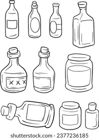 Bottles and jars, packaging. illustration, line vector set