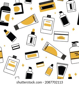 Bottles, jars and tubes with cosmetics. Collection of skincare products. Seamless cartoon colorful hand drawn pattern for fabric textile or wrapping paper. 