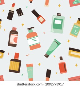 Botellas, tarros y tubos con cosméticos. Colección de productos para el cuidado de la piel. Dibujo vectorial sin foco, dibujo manual colorido para tela textil o papel envolvente. 