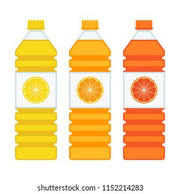 Bottles with Juice in flat style. Plastic bottle with fresh orange juice isolated on white background. Ecological beverage. Vector illustration EPS 10.