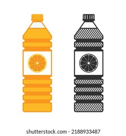 Bottles with Juice in flat style. Plastic bottle with fresh orange juice isolated on white background. Ecological beverage. Vector illustration EPS 10.