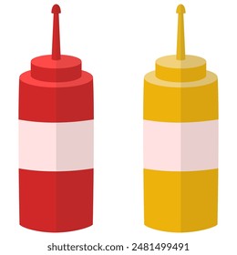 Bottles of ketchup and mustard in flat illustration isolated on white background.