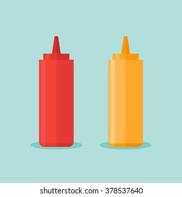 Bottles of ketchup and mustard isolated on blue background. Vector illustration.