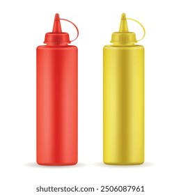 Las botellas de ketchup y mostaza se apoyan verticalmente sobre un fondo blanco liso.