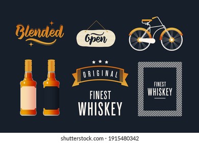 Bottles with Label. Original Finest Whiskey. Blended. Lettering Composition with Decorative Elements. Open Sign. Vintage Bicycle on Dark Background. Modern Vector Illustration. Social Media Ads.