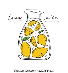 The bottles of lemonade with outline lemons. Summer cocktail with fresh fruits. Hand drawn outline illustration in vector doodle style. Ideal for print, t shirt design, sticker.