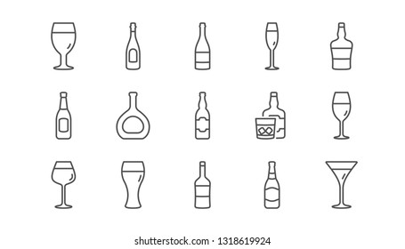 Bottles line icons. Beer drinks, Wine glass and Whiskey bottle. Champagne linear icon set.  Vector