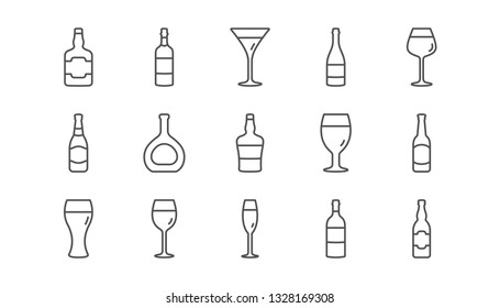 Iconos de línea de frascos. Bebidas de cerveza, Vino y botella de Whiskey. Conjunto de iconos lineales de champán. Vector