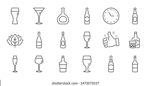 Iconos de línea de frascos. Bebidas de cerveza, Vino y botella de Whiskey. Conjunto de iconos lineales de champán. Conjunto de líneas de calidad. Vector