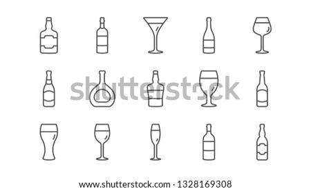 Bottles line icons. Beer drinks, Wine glass and Whiskey bottle. Champagne linear icon set.  Vector
