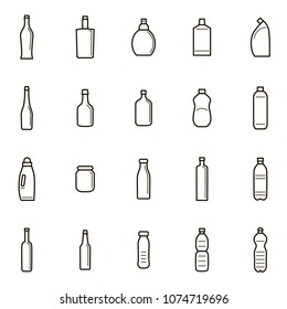 Bottles for Liquid Signs Black Thin Line Icon Set Include of Water, Alcohol Drink and Jar. Vector illustration of Icons