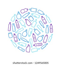 Bottles for Liquid Signs Thin Line Round Design Template Ad Include of Water, Alcohol Drink and Jar. Vector illustration of Icons
