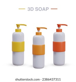 Bottles for liquid soap. Packaging with dispenser, mockup. Set of vector objects of different colors. Composition for advertising goods. Template for online store of cosmetics and detergents