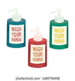 Botellas de iconos vectoriales de jabón líquido. Lávese la etiqueta de las manos. Recipientes de jabón planos con bomba de aire sin dosificador. Gel líquido para lavarse las manos. Protección antivirus. Concepto de atención de salud del virus Corona.