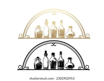 Bottles logo design. Bottle and semi circle design. Bottle and Crest design. Bottle vector design. Bottle vector illustration.