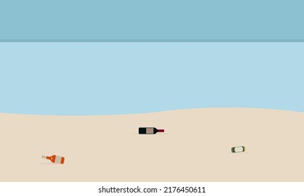Bottles are lying on the beach