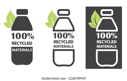 Bottles made of 100% recycled materials, icon, vector.