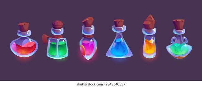 Botellas de elixir mágico o poción - ilustración vectorial de juegos de dibujos animados conjunto de líquido brillante de fantasía brillante en jarras de vidrio con corcho. Diversos viales y frascos con coloridas medicinas o veneno.