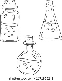 Bottles magic bottles jars hand-drawn sketch doodle set large separately on a white background black and white graphics coloring