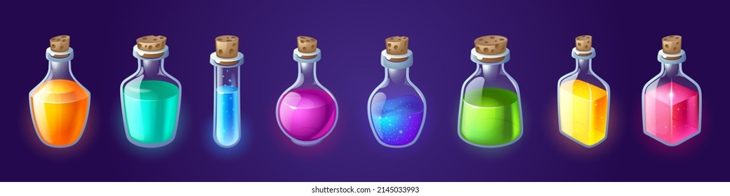 Bottles with magic potion, alchemy elixir or poison. Vector cartoon set of glass jars, vials and flasks with corks and different color liquid potions isolated on blue background