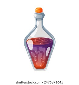 Bottles with magic potion and poison in cartoon style. Glass flask and vial violet color liquid. October Halloween holiday. Vector illustration isolated on white background.
