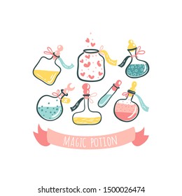 Bottles with magic potions. Poison and love potion. Cartoon hand-drawn illustration in cute scandinavian style. Pastel colors isolated on white background.