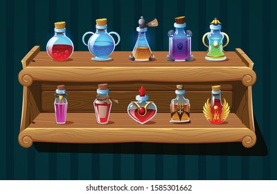 Bottles with magic potions and poison on wooden shelf realistic background vector illustration