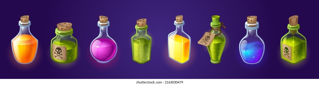 Bottles with magic potions and poisons. Vector cartoon set of glass flasks and vials with different color liquid potions, green acids, corks and tags with skull and crossbones sign