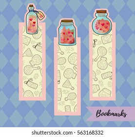 Bottles with magical love potion. Bookmarks. 