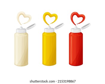 Bottles of mayonnaise,ketchup,mustard with heart splash.Vector flat illustration of yellow,white and red sauce in realistic style.Isolated oh white background.