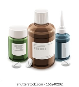 Bottles with medical drugs and pills. Eps10 vector illustration. Isolated on white background