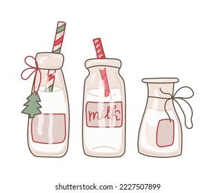 Leche en frascos sobre fondo blanco. Ilustración del vector