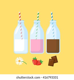 Bottles with milk, strawberry milk and chocolate milk. Flat modern icons of milk for graphic and web design.