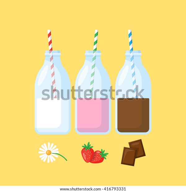 Bottles Milk Strawberry Milk Chocolate Milk Stock Vector (Royalty Free ...