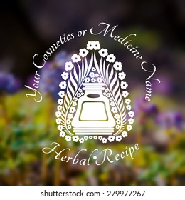 Bottles near leaves and flowers on the blure background of grass and violet flower. Vector silhouette label beauty or medicine. (cream, lotion, balm, tincture, cosmetics, oil, perfume, herbal drags)