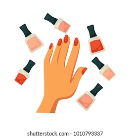 Bottles of nude and classic red colors with female hand
