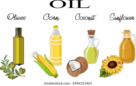 Bottles of oils and products.Vector illustration with a set of plant crops and bottles of oils made from them.