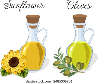 Flaschen mit Oliven- und Sonnenblumenöl. Vektorillustration mit Oliven- und Sonnenblumenöl in Glasflaschen auf durchsichtigem Hintergrund mit Texten.