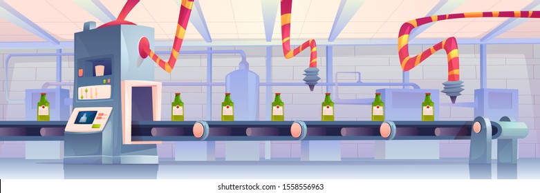 Bottles on conveyor belt at factory. Production in glass flasks package moving on transporter line with robots arms. Automation process, smart industrial robotic assistants Cartoon vector illustration