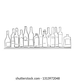 Bottles on shelf. Bar illustration. Black contour on white background. Vector.