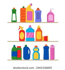 Bottles on shelves detergent and cleaning liquid products in colored bottles for domestic hygiene