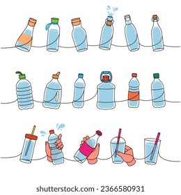Bottles one line colored continuous drawing. Different types of bottles continuous one line illustration. Vector minimalist linear illustration.