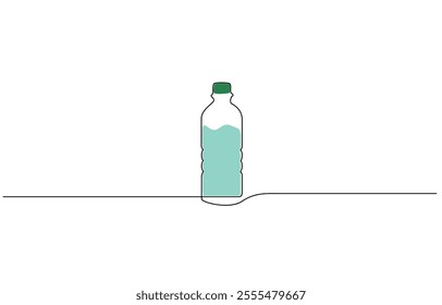 Bottles one line colored continuous drawing. Empty glass and plastic bottles continuous one line illustration, Bottle of water. Line icon on white background.