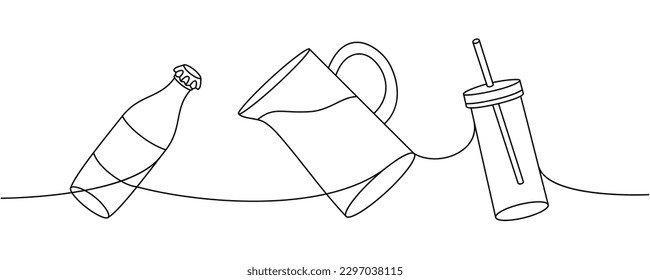 Bottles one line continuous drawing. Soda bottle, glass jug and beaker continuous one line illustration. Vector minimalist linear illustration.